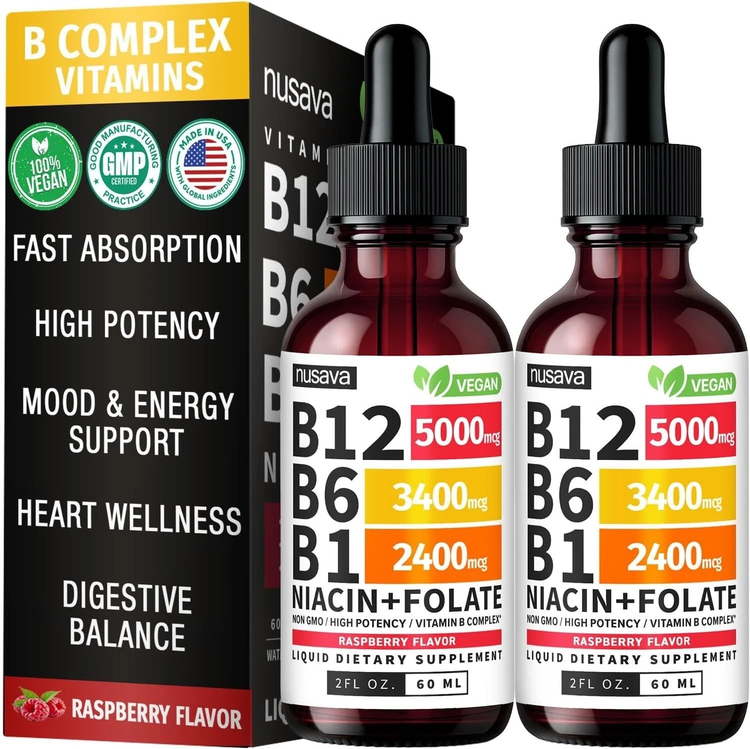 NUSAVA Vitamin B12 Drops – 3 Pack – 5000mcg – Raspberry – 80 Servings++