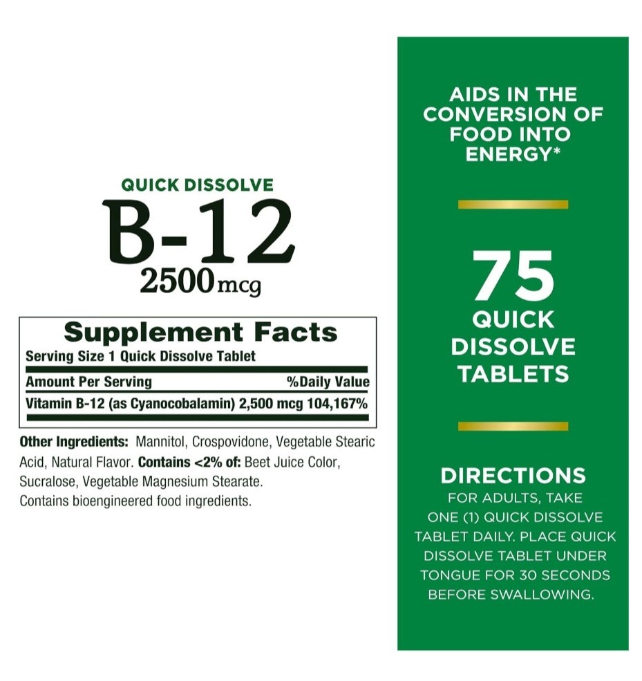 Nature’s Bounty Vitamin B12 2500mcg Energy Support Cherry 75 Quick Dissolve Tabs