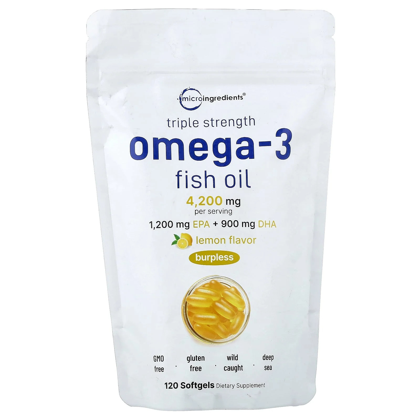 2 X Micro Ingredients, Triple Strength Omega-3 Fish Oil, Lemon, 120 Softgels (1