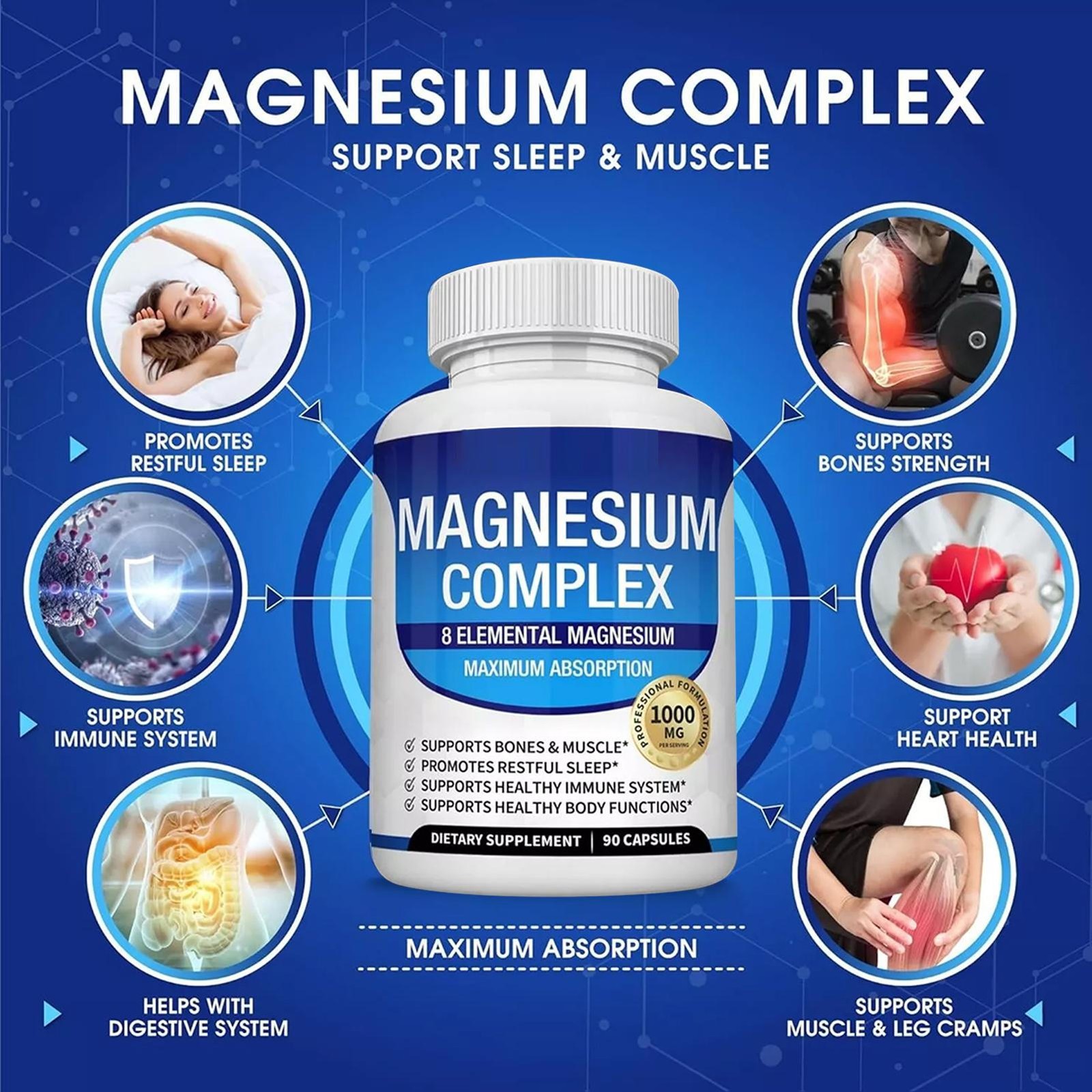 90 Count Magnesium Glycinate Complex Capsules, 1000mg Daily Mineral Wellness