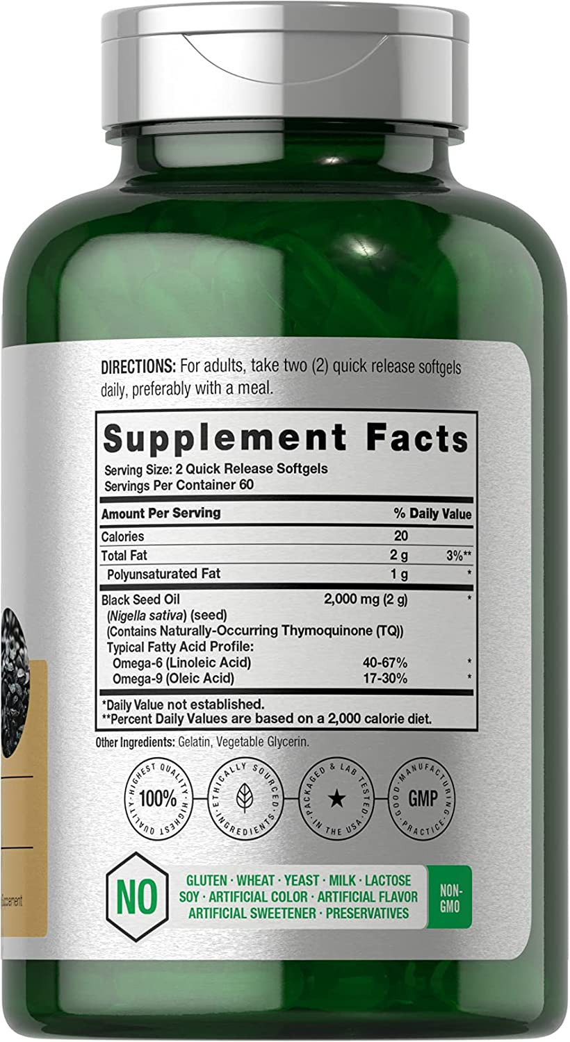 Horbäach Black Seed Oil Softgel Capsules | 2000Mg | 120 Count | Cold Pressed Nig