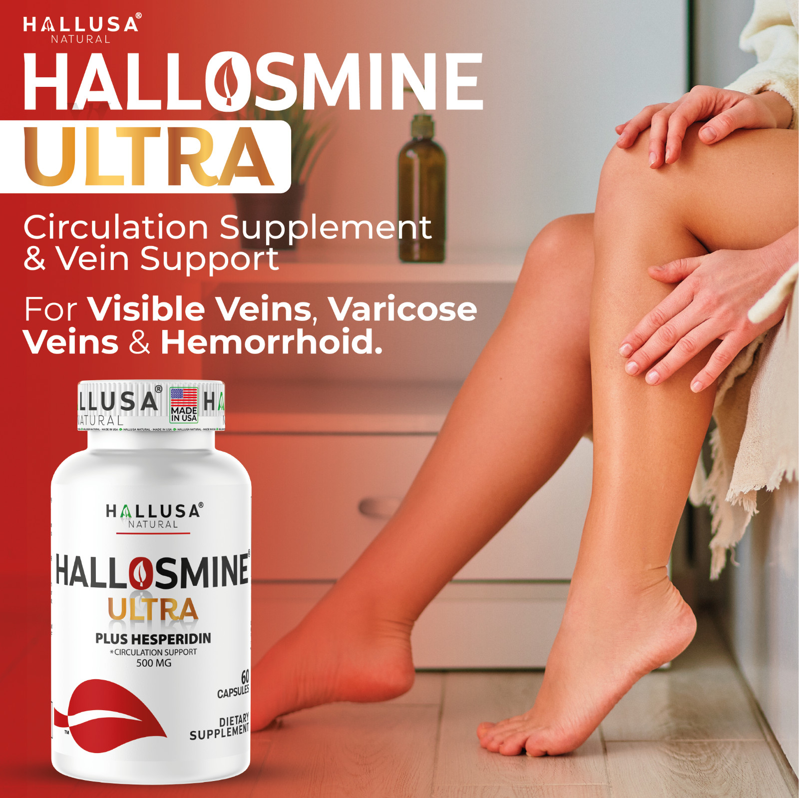 HALLOSMINE ULTRA Diosmin Hesperidin 650mg, Varicose Veins, Hemorrhoids, 60 caps