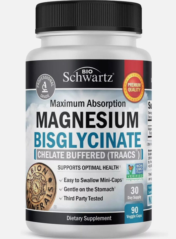 Bio Schwartz Magnesium Bisglycinate 100% Chelate No-Laxative Effect – 90 ct