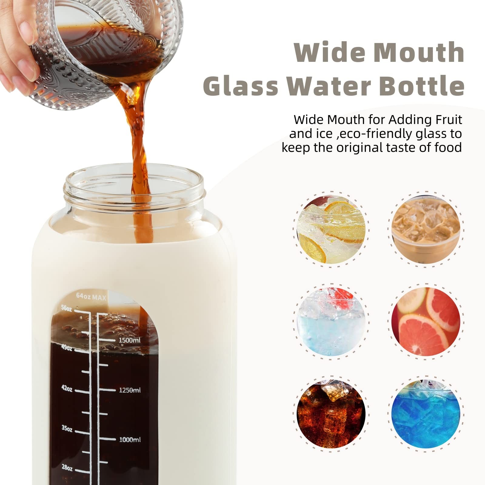 SIEROZUR 64oz Glass Water Bottle with Straw & Handle Lid | 64 Ounces, Amber