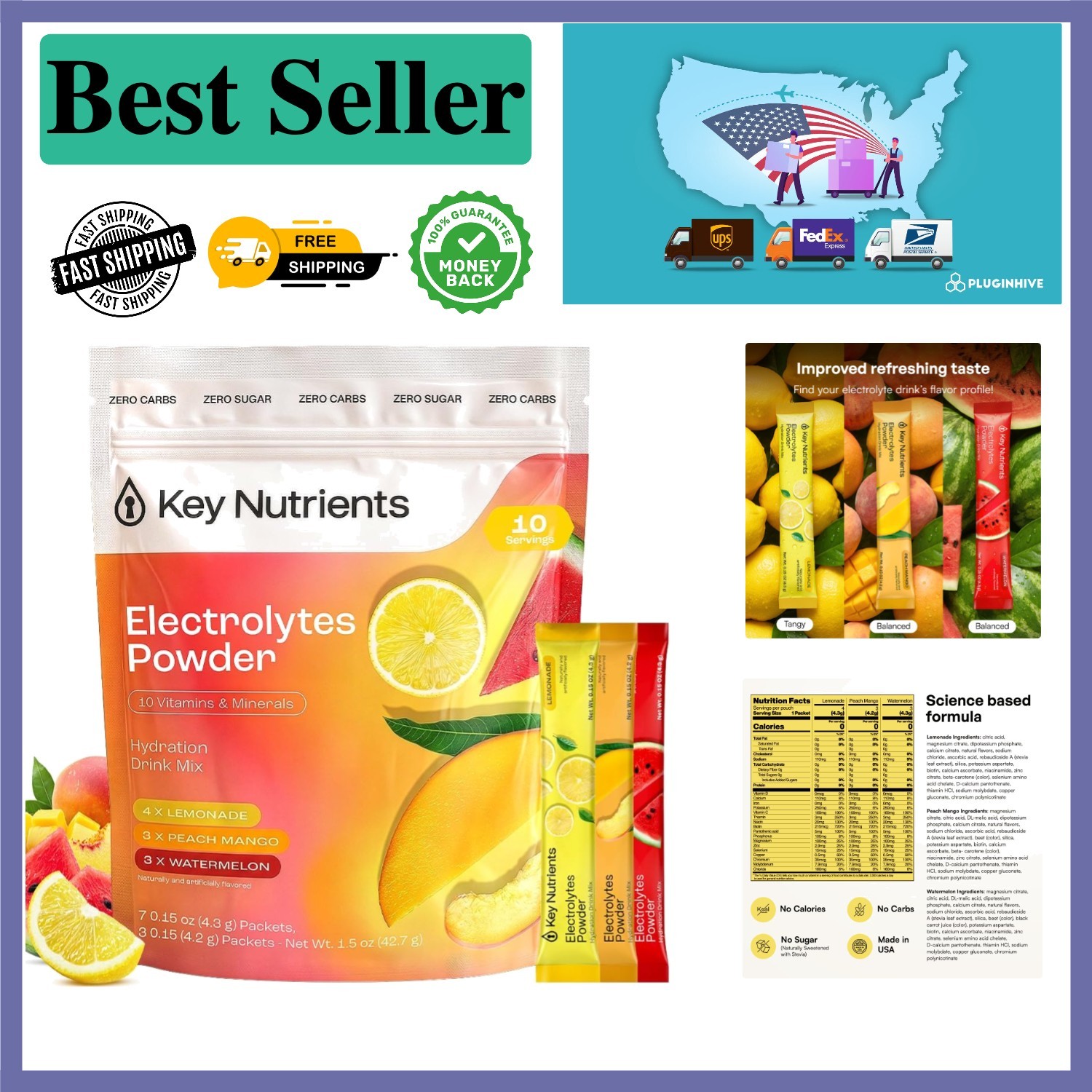 10 Pack Sugar-Free Electrolytes – Lemonade, Peach Mango & Watermelon Tastes