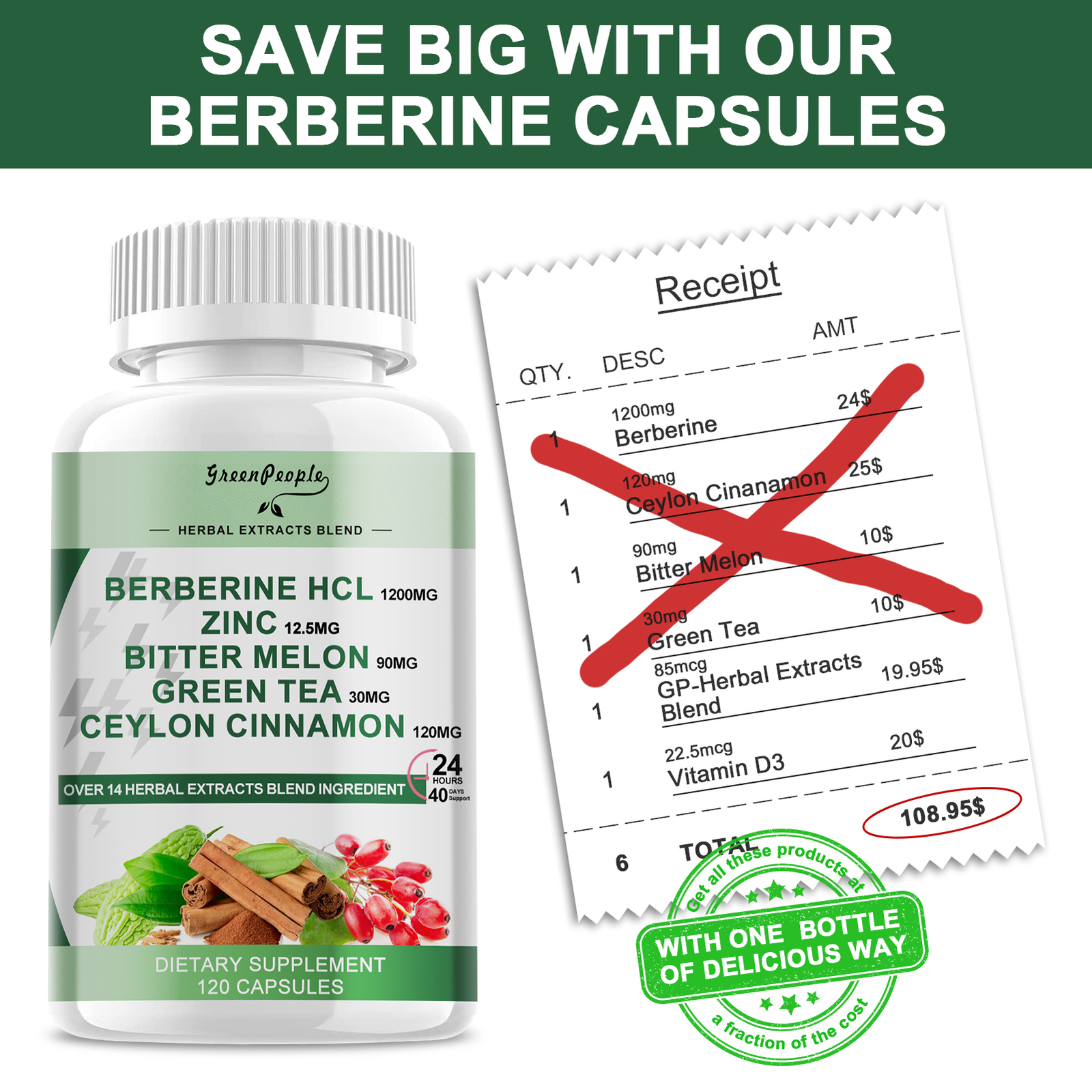 240 Pills Berberine HCL Extract 1200mg, Healthy Cholesterol, Anti-inflammatory