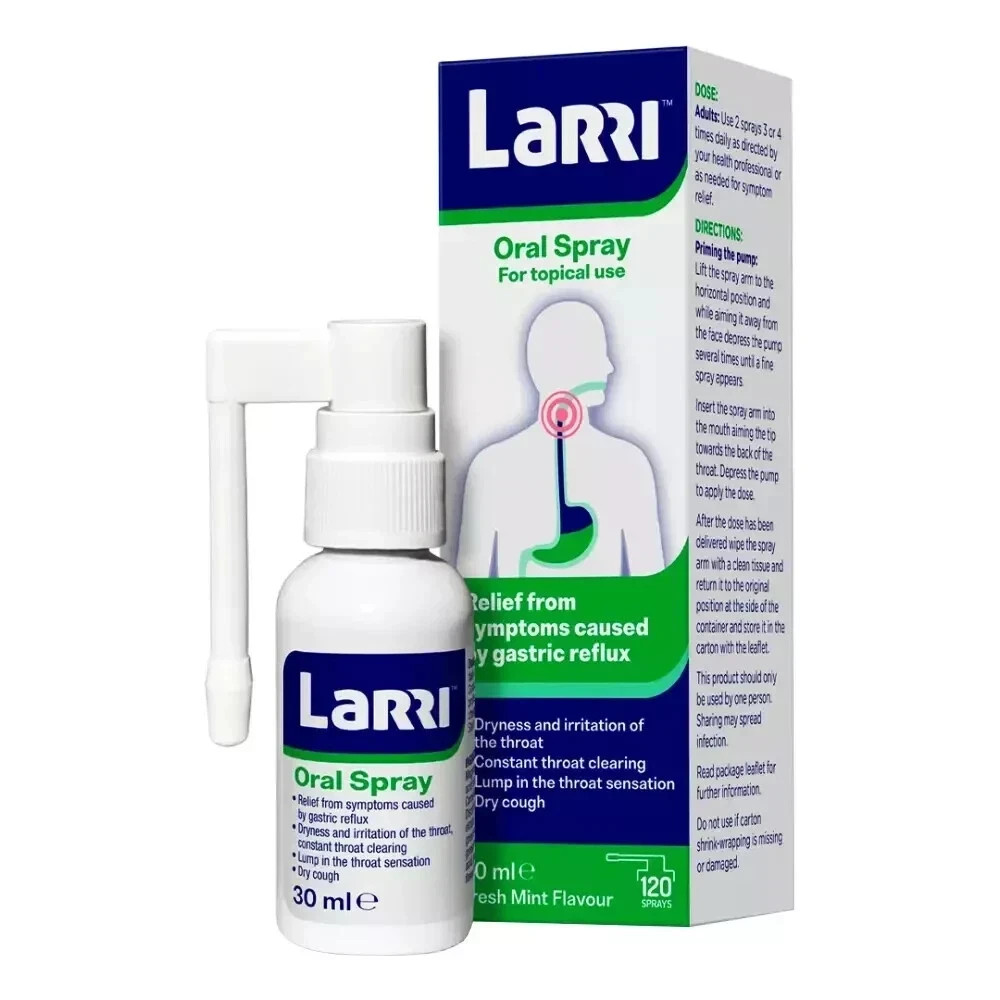 Larri Oral Spray Topical Use Relief Symptoms Gastric Reflux Fresh Mint 30mL