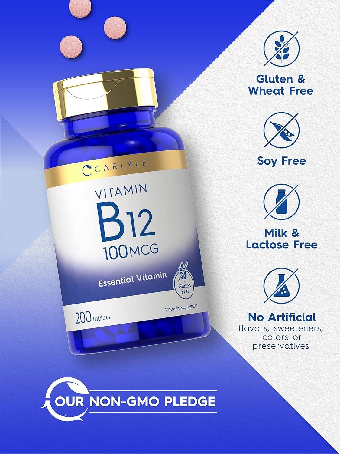 Vitamin B12 100 Mcg Nerve Brain Heart Cognitive Energy Health Support, 200 Tabs
