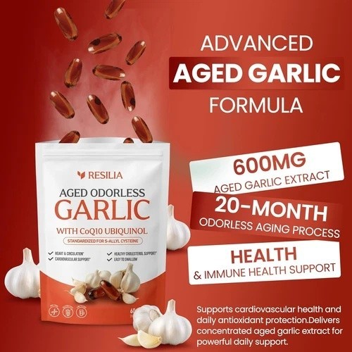 Resilia Garlic Extract 1200mg Softgels (60 Count) – Odorless Aged Garlic Extract