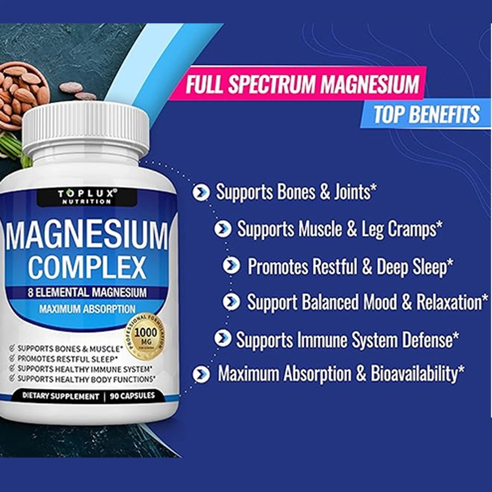 3Pack Toplux Nutrition Magnesium Complex 1000mg Supports 8 Elemental Magnesium++