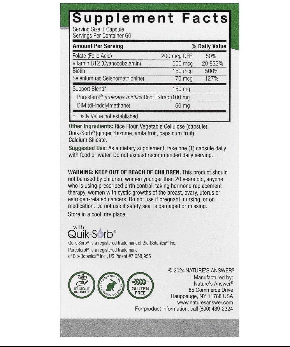 Nature s Answer Pueraria Mirifica 150 mg 60 Vegetarian Capsules Cruelty-Free,