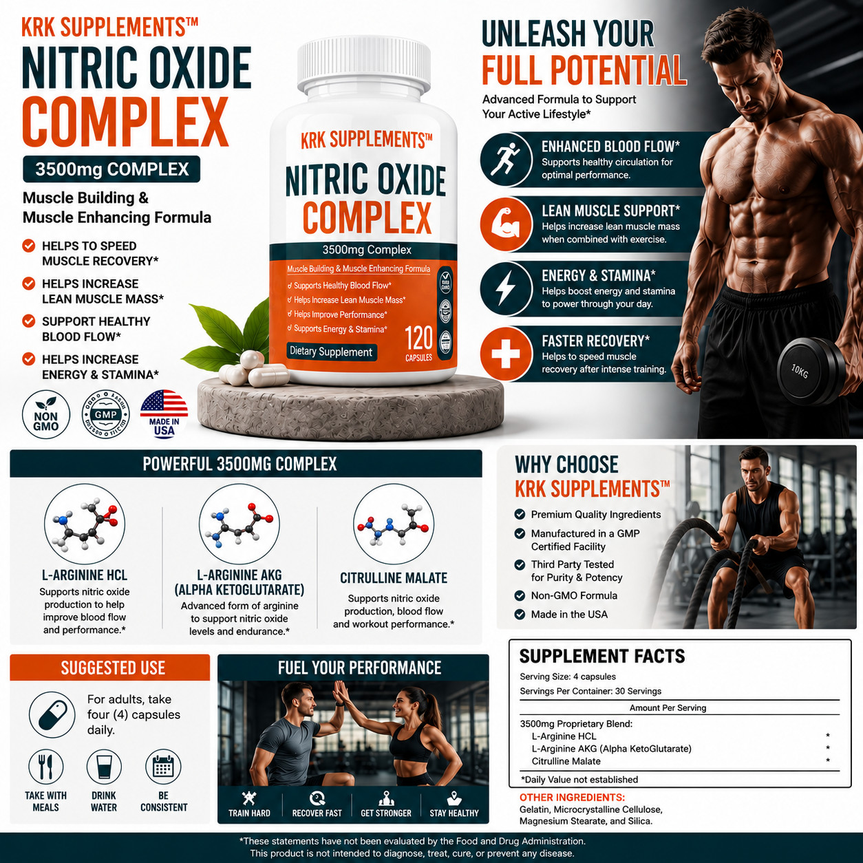 1 pk Nitric Oxide 3500mg L-Arginine AKG Ketp Citrulline Muscle Pump Growth Pills