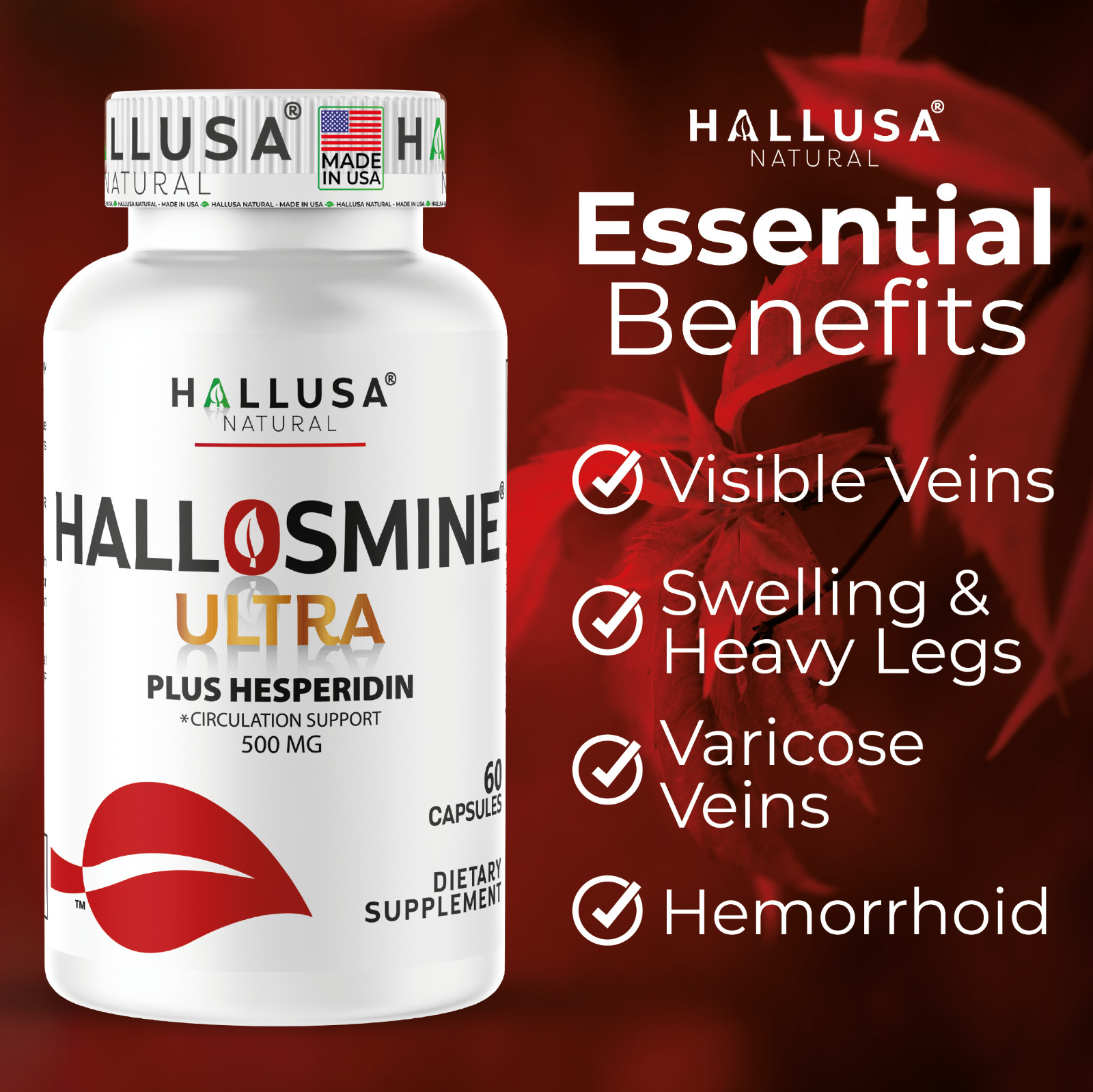 HALLOSMINE ULTRA Diosmin Hesperidin 650mg, Varicose Veins, Hemorrhoids, 60 caps