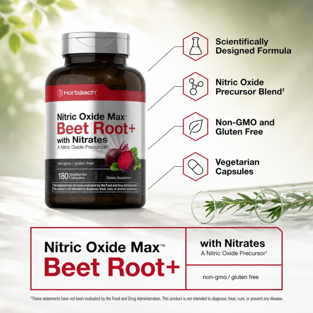 Horbaach Nitric Oxide Max Beet Root Capsules, 180ct, Vegetarian