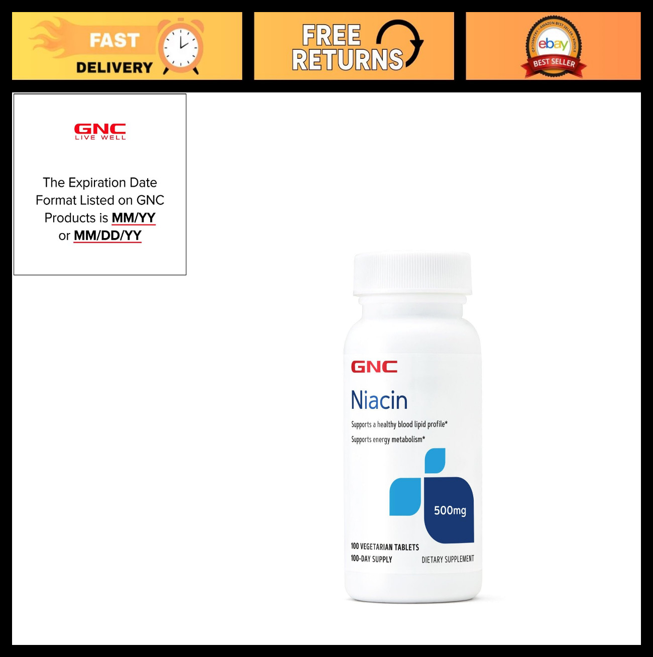 Niacin 500mg Tablets – 100 Count, Promotes Blood Vessel Health & Circulation