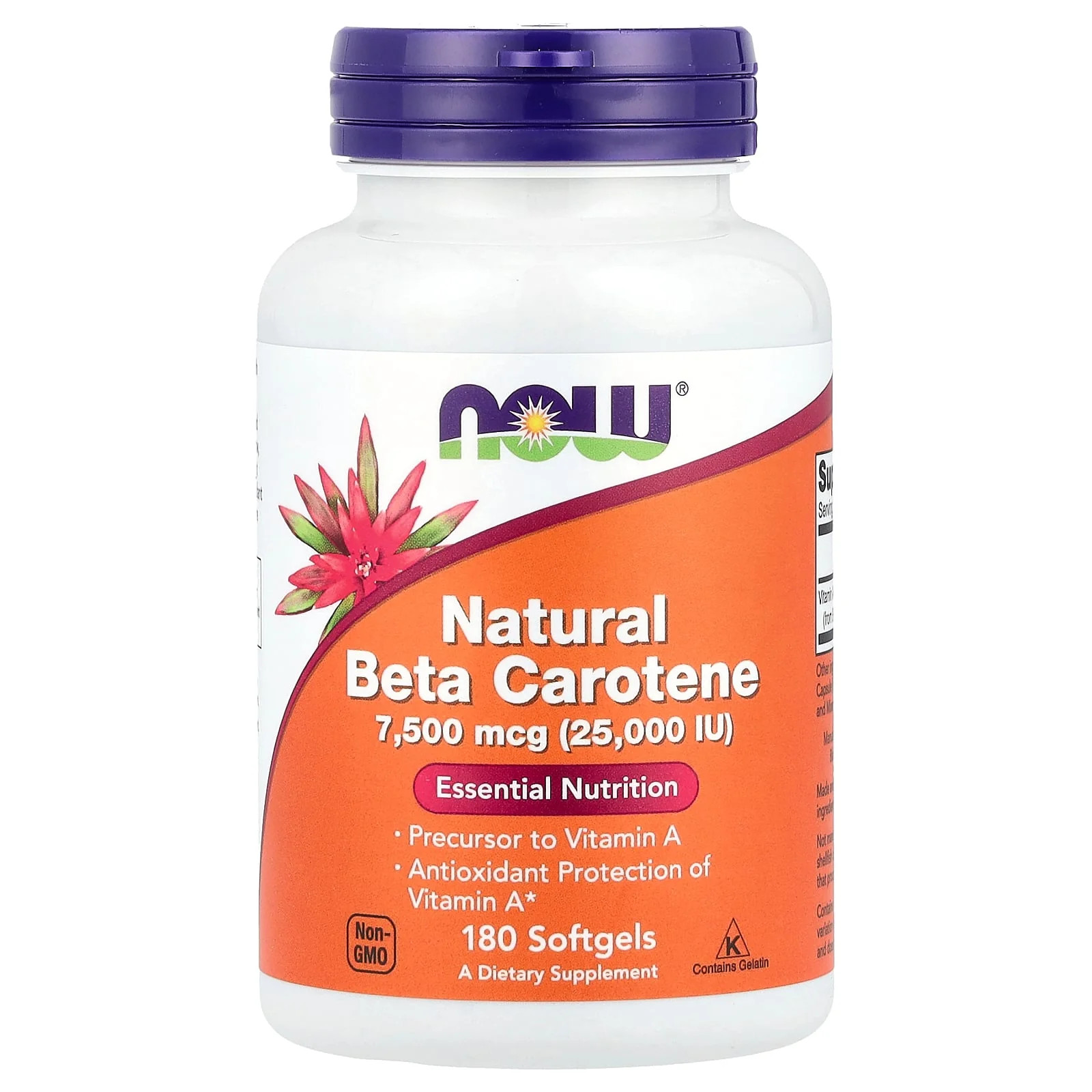 2 X NOW Foods, Natural Beta Carotene, 7,500 mcg (25,000 IU), 180 Softgels