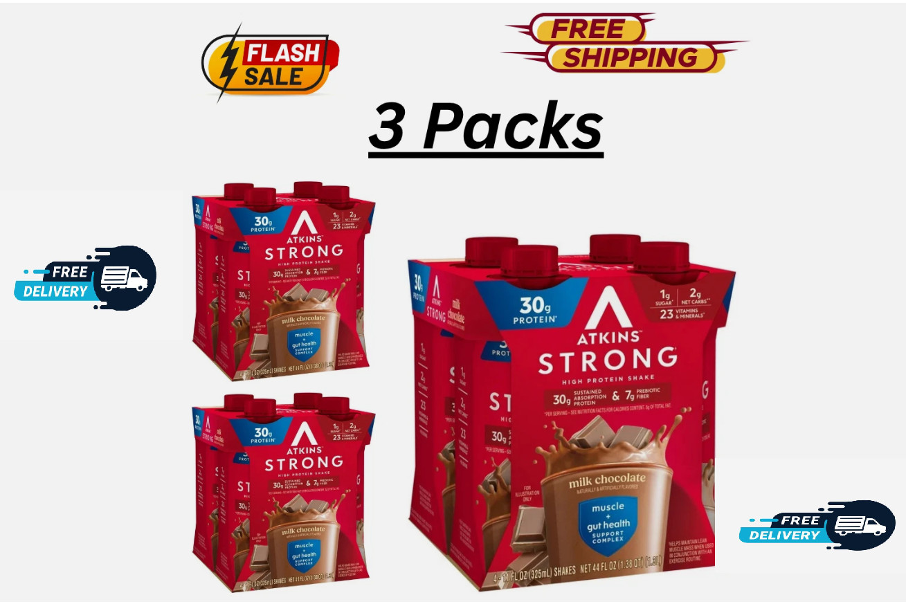(3 Pack of 4 count) Atkins Strong High Protein Shake, Milk Chocolate, 30g