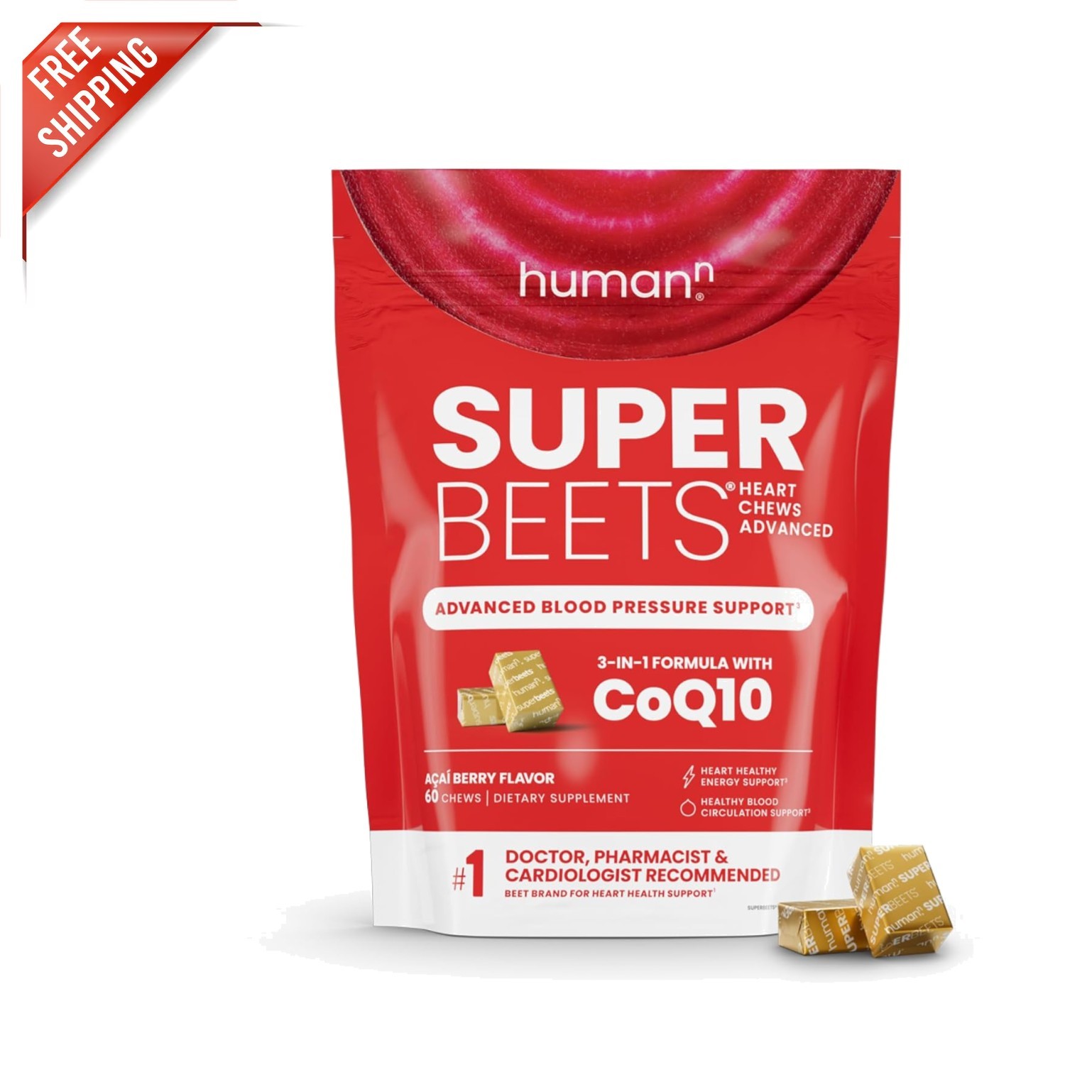 Heart Health & Energy Boost: SuperBeets Chews with CoQ10, 60 Count – Acai Flavor