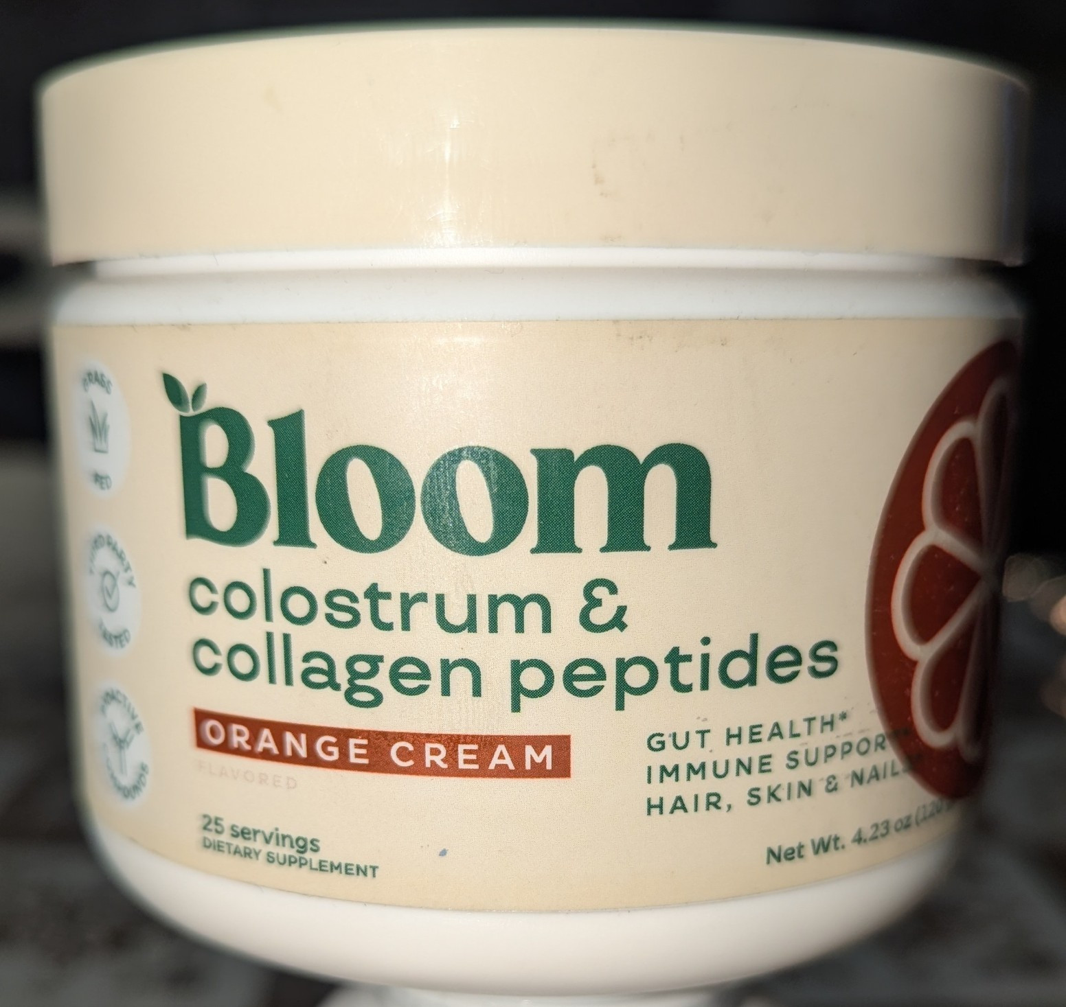 Bloom Colostrum & Collagen Peptides Powder Orange Cream Grass Fed 4.23oz 25
