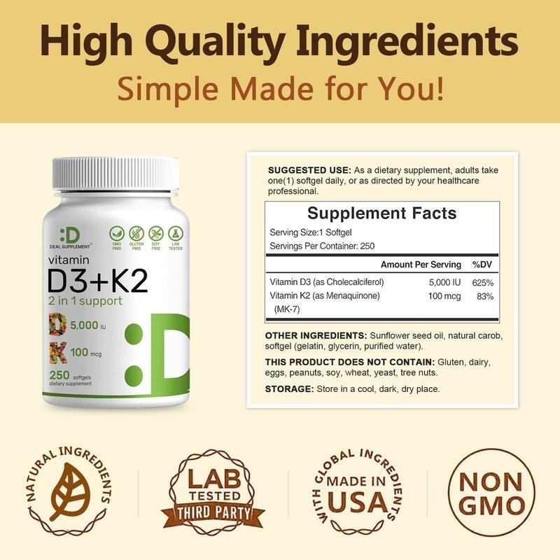 Vitamin D3 5000 IU with K2 MK7 250 Veggie Softgels Bone Immune Support NEW