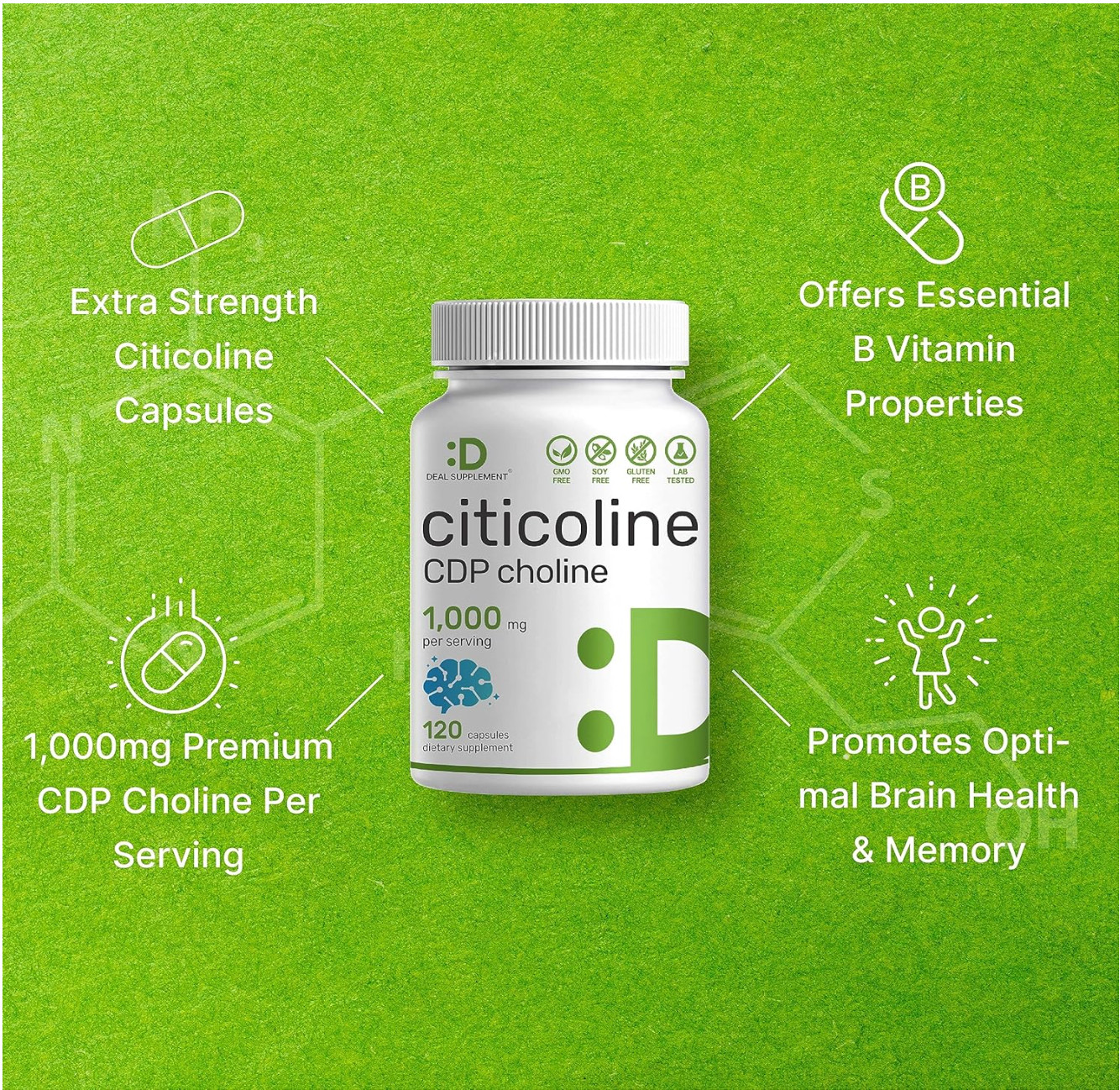 Citicoline CDP Choline 1000mg 120 Caps supports Brain Cognitive Function