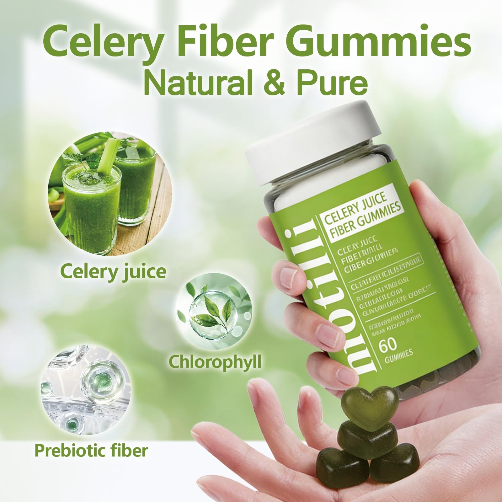 JLQJLQ Motilli Celery Juice Gummies, Fiber 60 Count (Pack of 1), Green