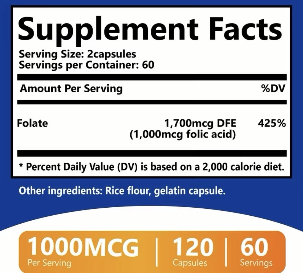 Buporai Folic Acid (Folate) Vitamin B9 1000mcg Capsules, 120 Count