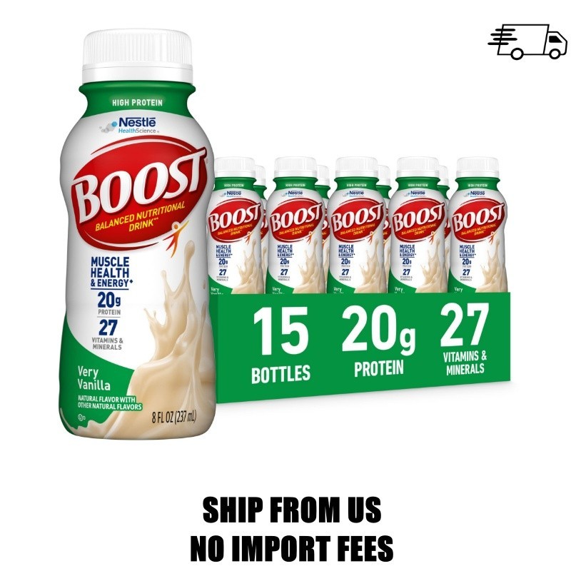 BOOST 20g High Protein Nutritional Drink Shakes, Very Vanilla, 8 fl oz, 15 Pack