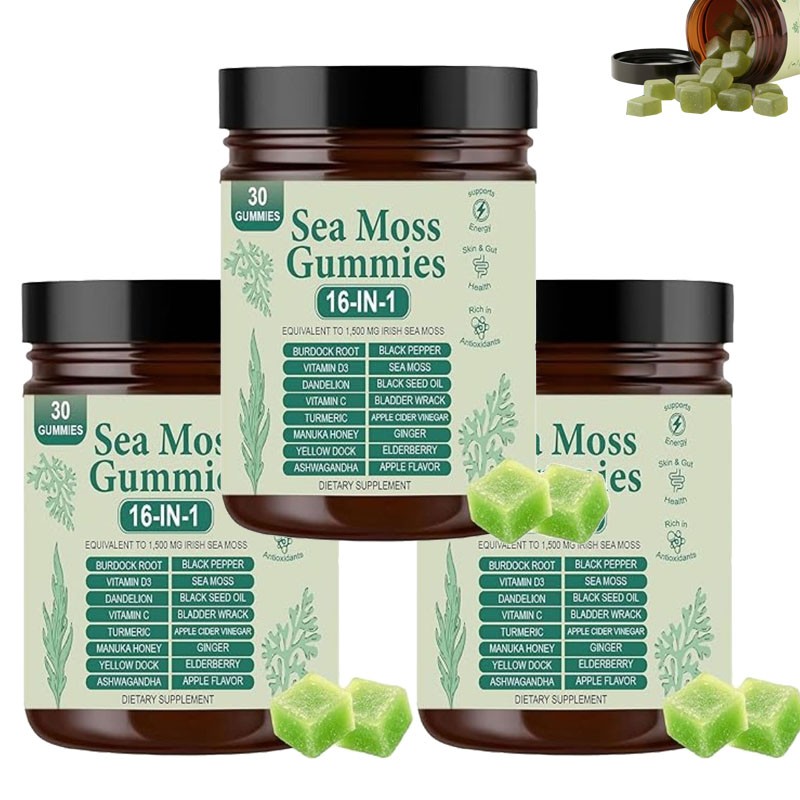 16 in 1 Sea Organic Moss Gummy | Irishmoss Extract 6000Mg | Green Apple Flavor.