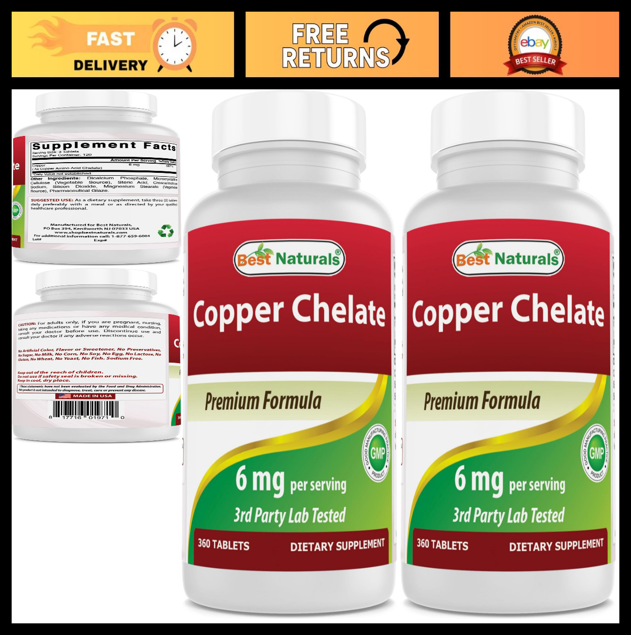 Copper Chelate 6 mg – 360 Tablets, Pack of 2 – Supports Immune Health & Energy