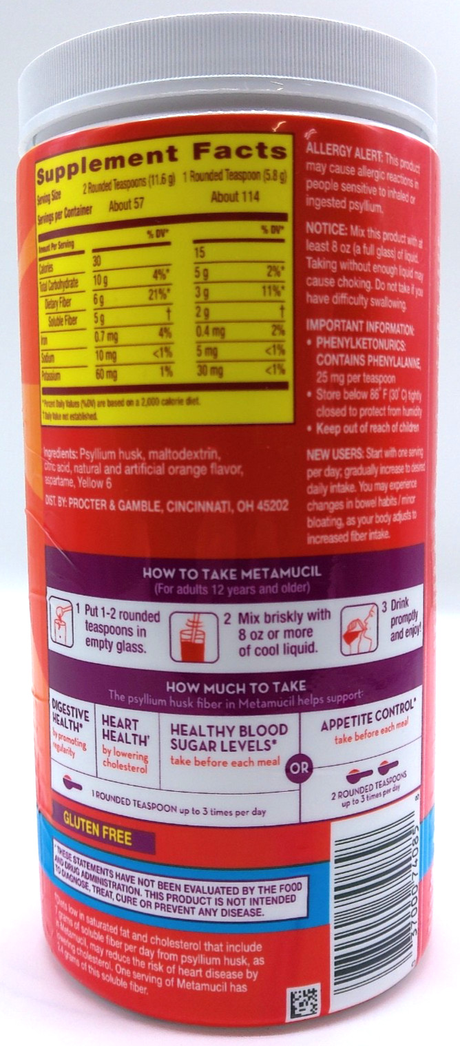 Metamucil Orange 4-in-1 Fiber, Sugar Free, 114 Teaspoons, 1.4 Lb., Exp. 2/28