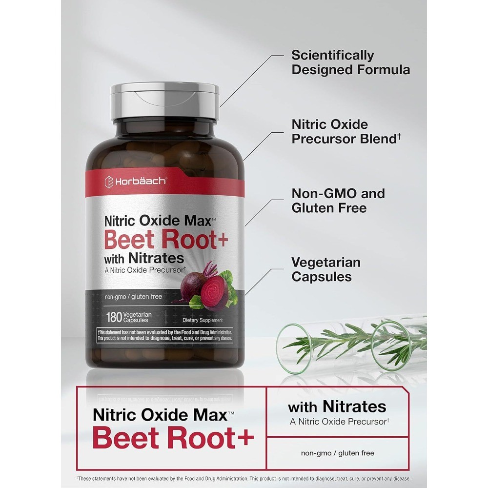 Horbäach Nitric Oxide Beet Root Capsules | 180 Count (Pack of 1)