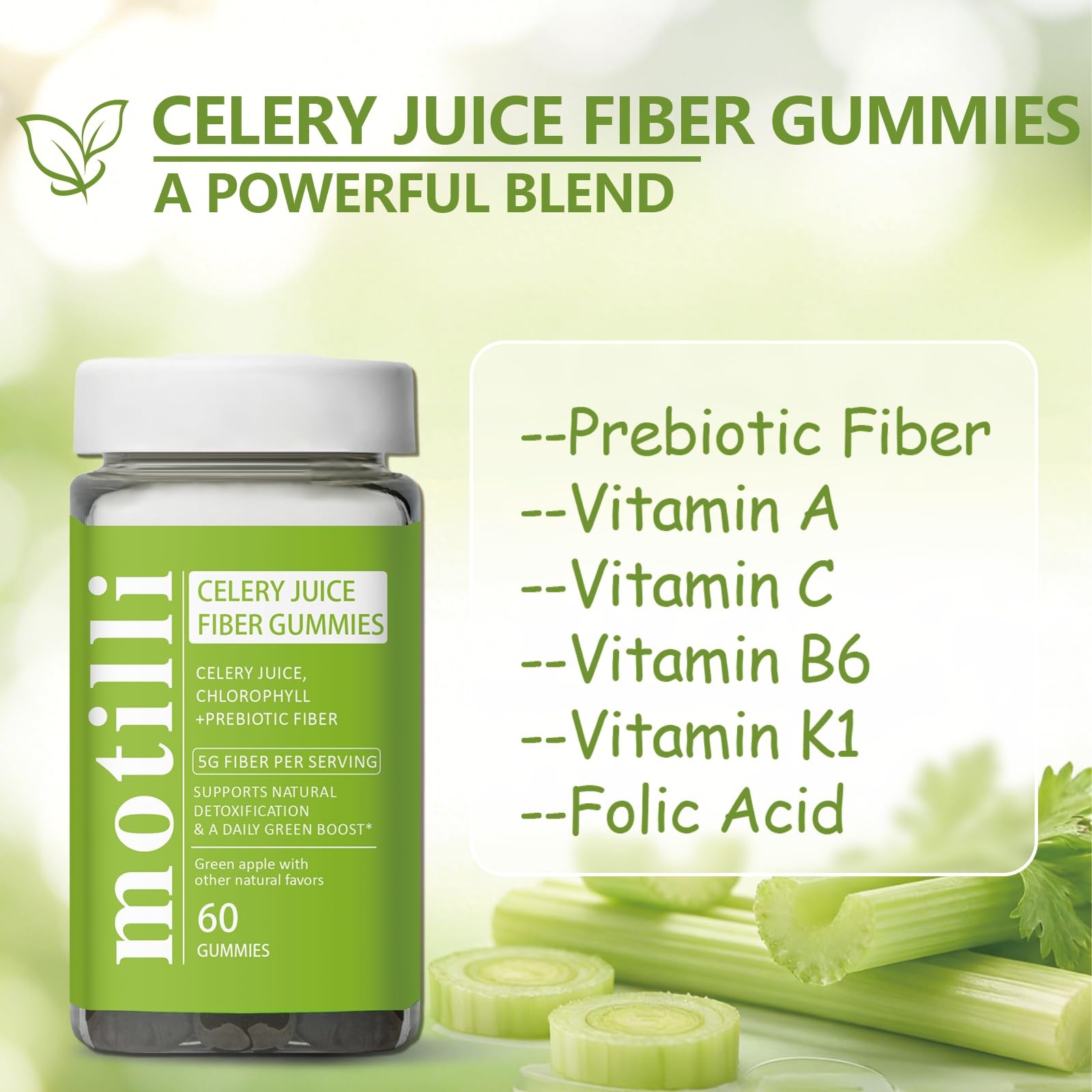 JLQJLQ Motilli Celery Juice Gummies, Fiber 60 Count (Pack of 1), Green