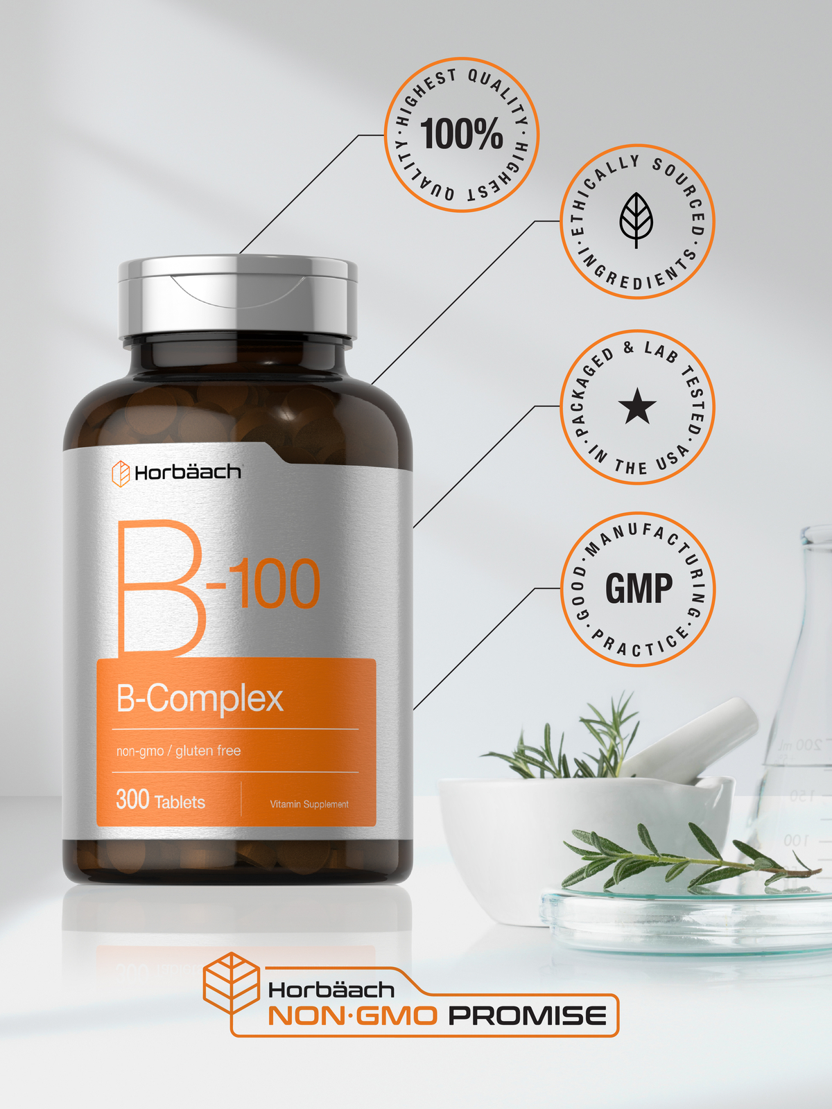 Vitamin B-100 Complex | 300 Tablets | Vegetarian, Non-GMO | by Horbaach
