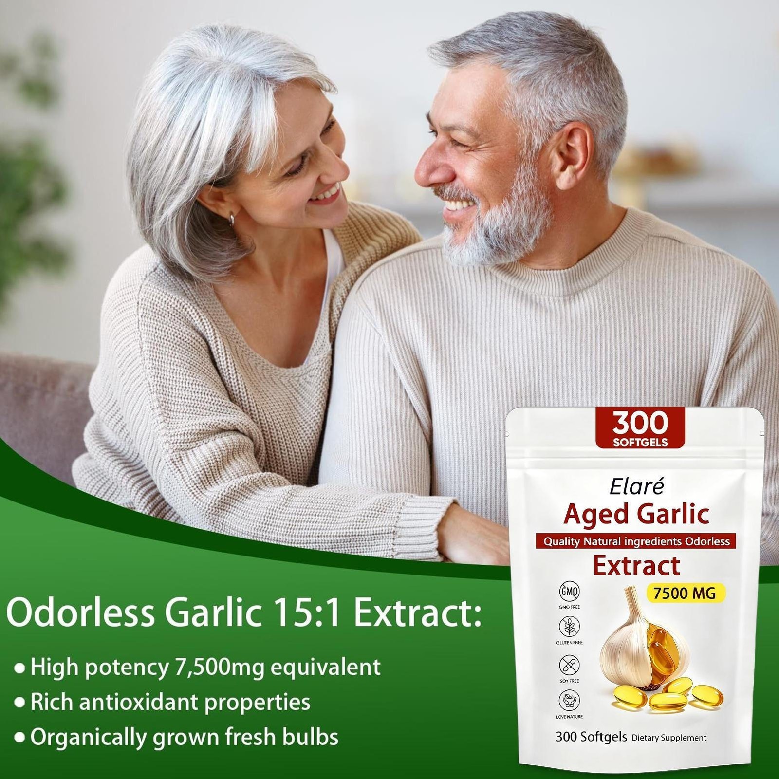2PCS Elare Aged Garlic Extract, 300 Softgels, 7500mg Odorless | Heart & Immune