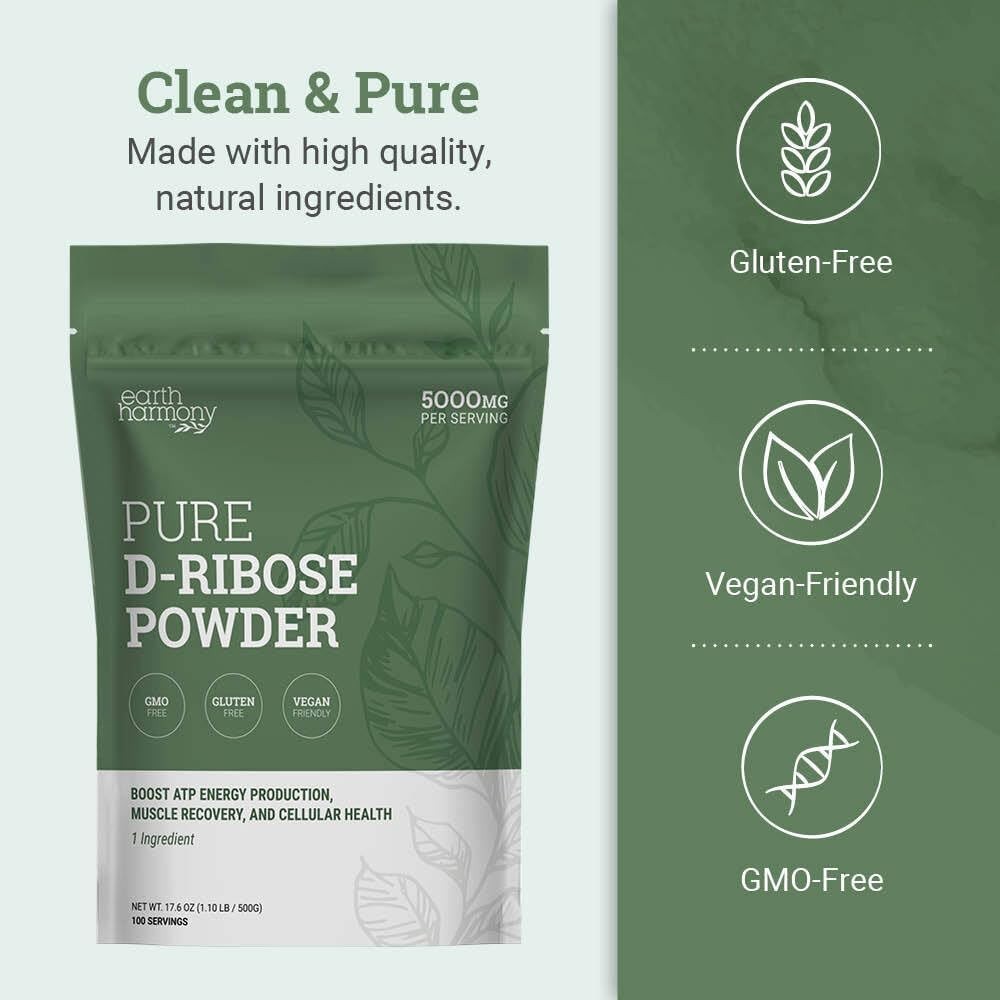 Earth Harmony Pure D-Ribose Powder 5000mg – 17.6 oz / 100 Servings EXP: 03/2027