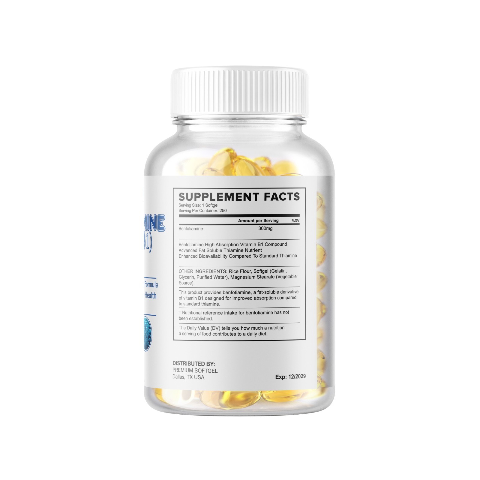Benfotiamine 300mg 250 Softgels Gluten Free and Non-GMO Vitamin B1