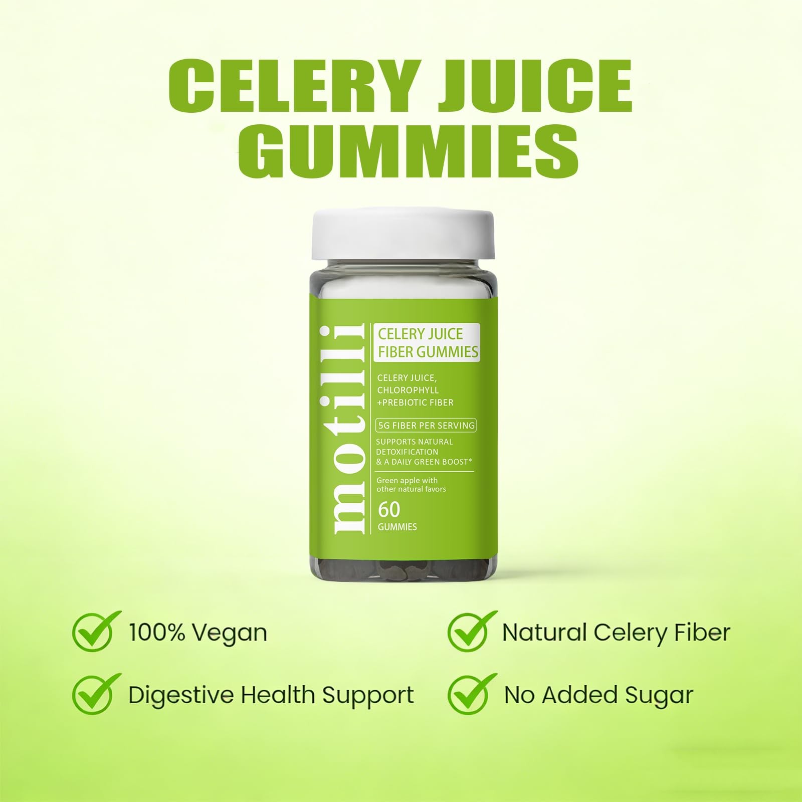 JLQJLQ Motilli Celery Juice Gummies, Fiber 60 Count (Pack of 1), Green