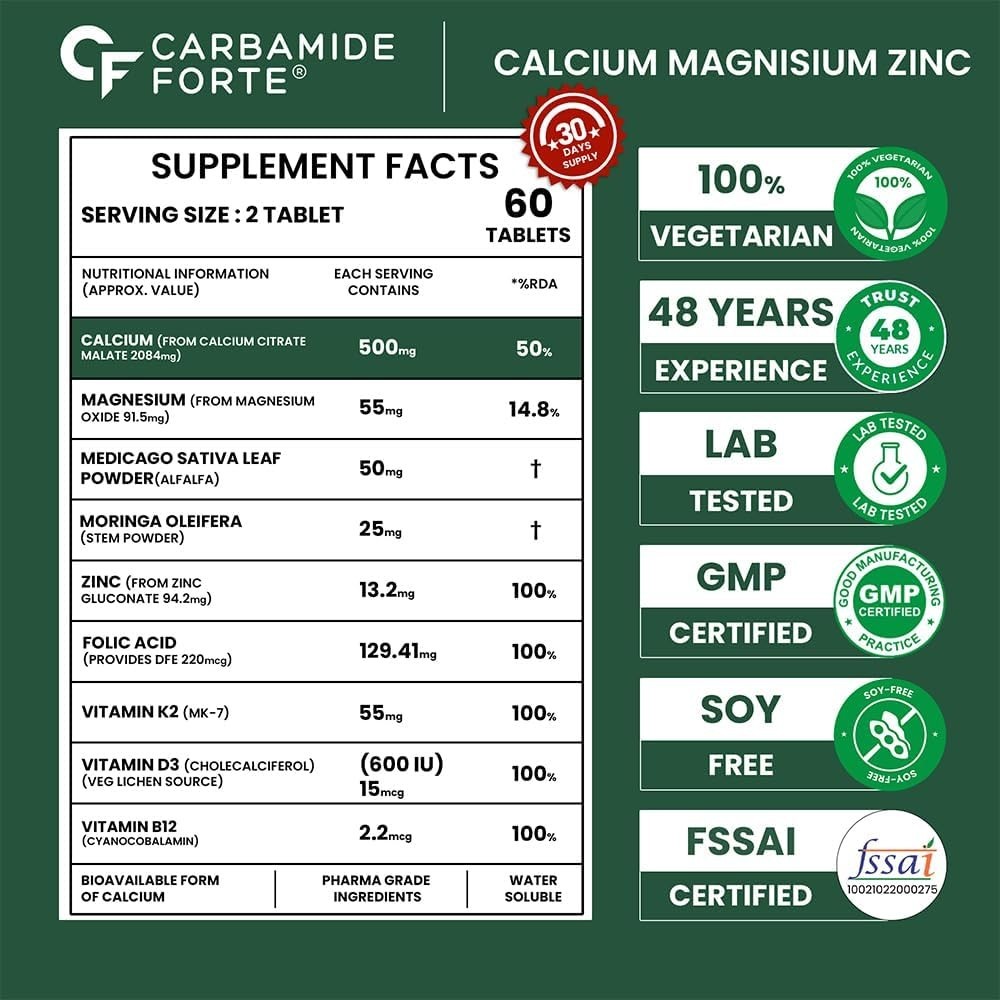 Carbamide Forte Veg Calcium D3 K2 MK7 Magnesium Zinc Tablets 60 Count