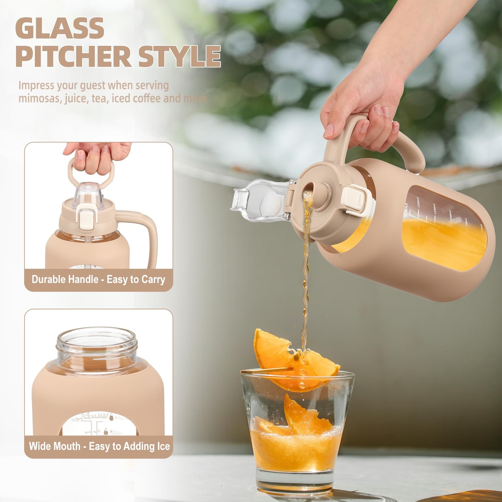 Olivego 64 oz Glass Water Bolttles Half Gallon Large 64 Ounces, Amber