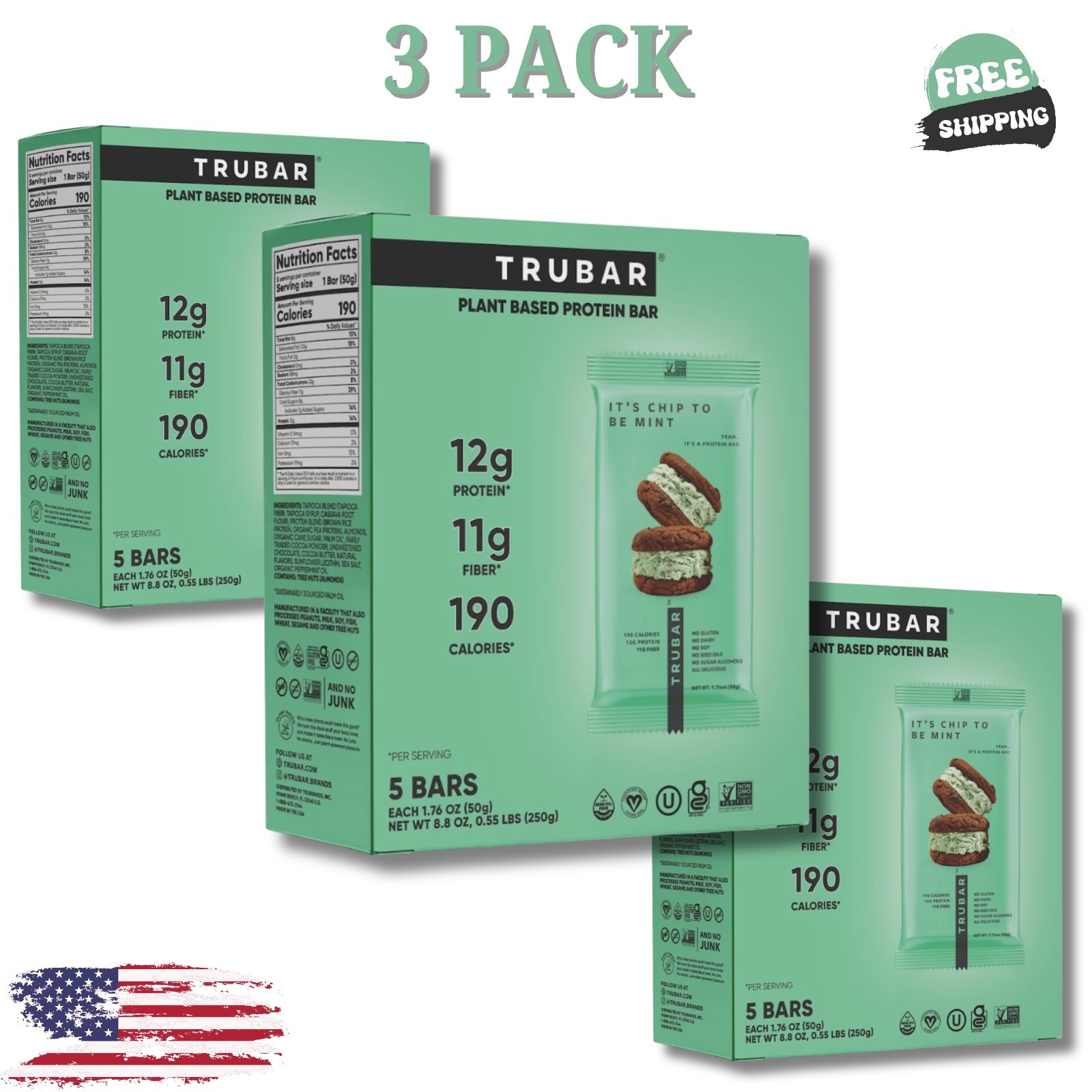 TRUBAR Protein Bar, It’s Chip to be Mint, Plant Based Protein, 5 Ct (3 Pack)