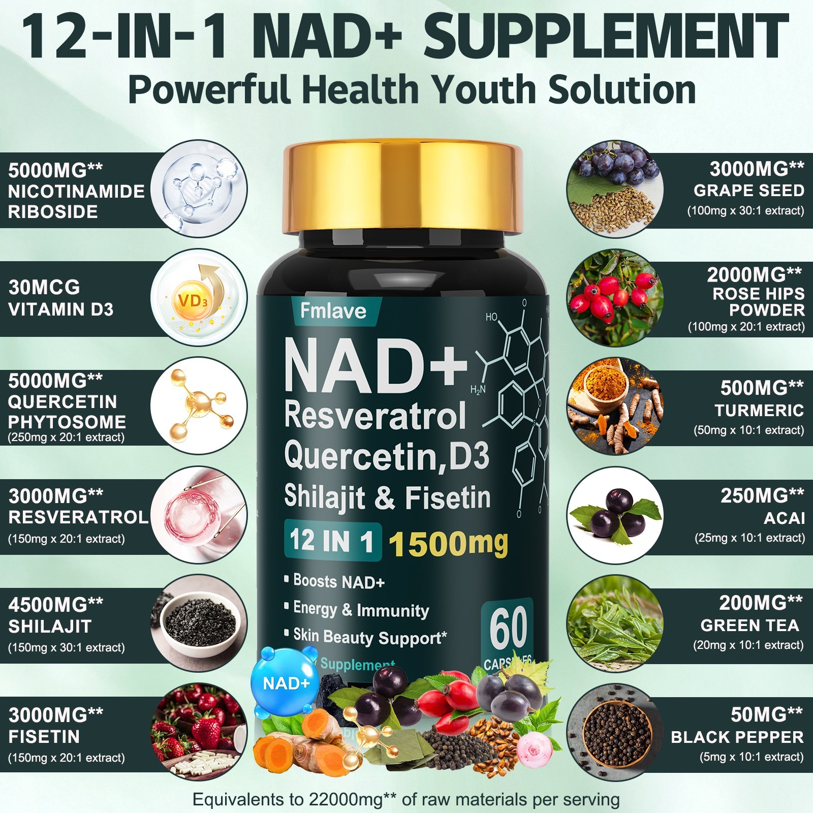 NAD + Resveratrol Quercetin D3, Shilajit & Fisetin, Enhance Cellular Energy 60ct