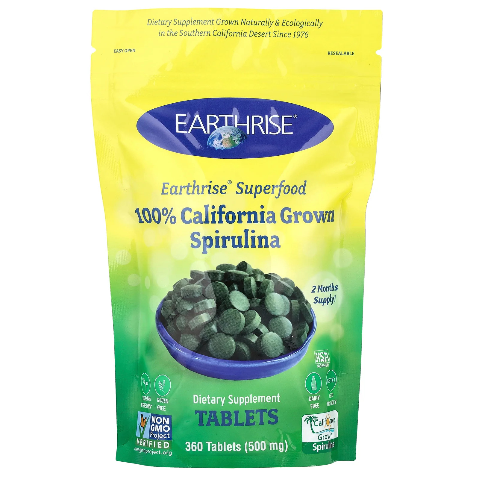 2 X Earthrise, 100% California Grown Spirulina, 500 mg, 360 Tablets