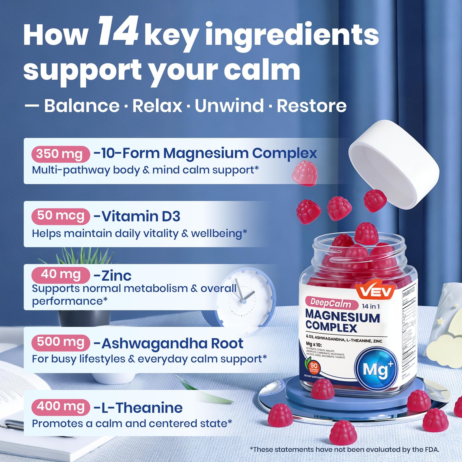 VEV Deep Calm Magnesium Complex 14-in-1 Gummies 90 Count (Pack of 1), Purple