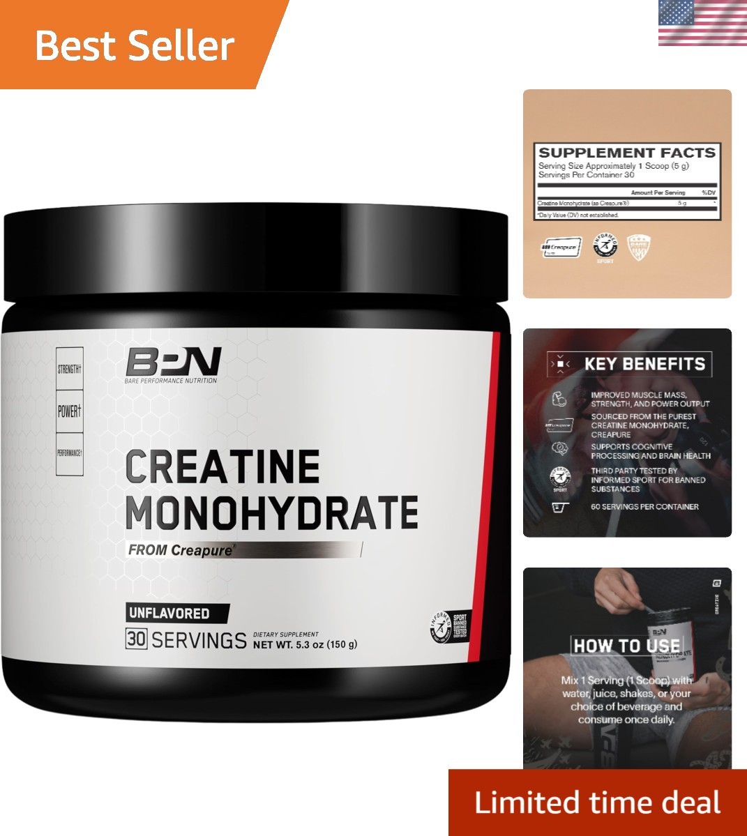 BPN Creapure Creatine Monohydrate – 5g/Serving, Energy Boost & Muscle Support