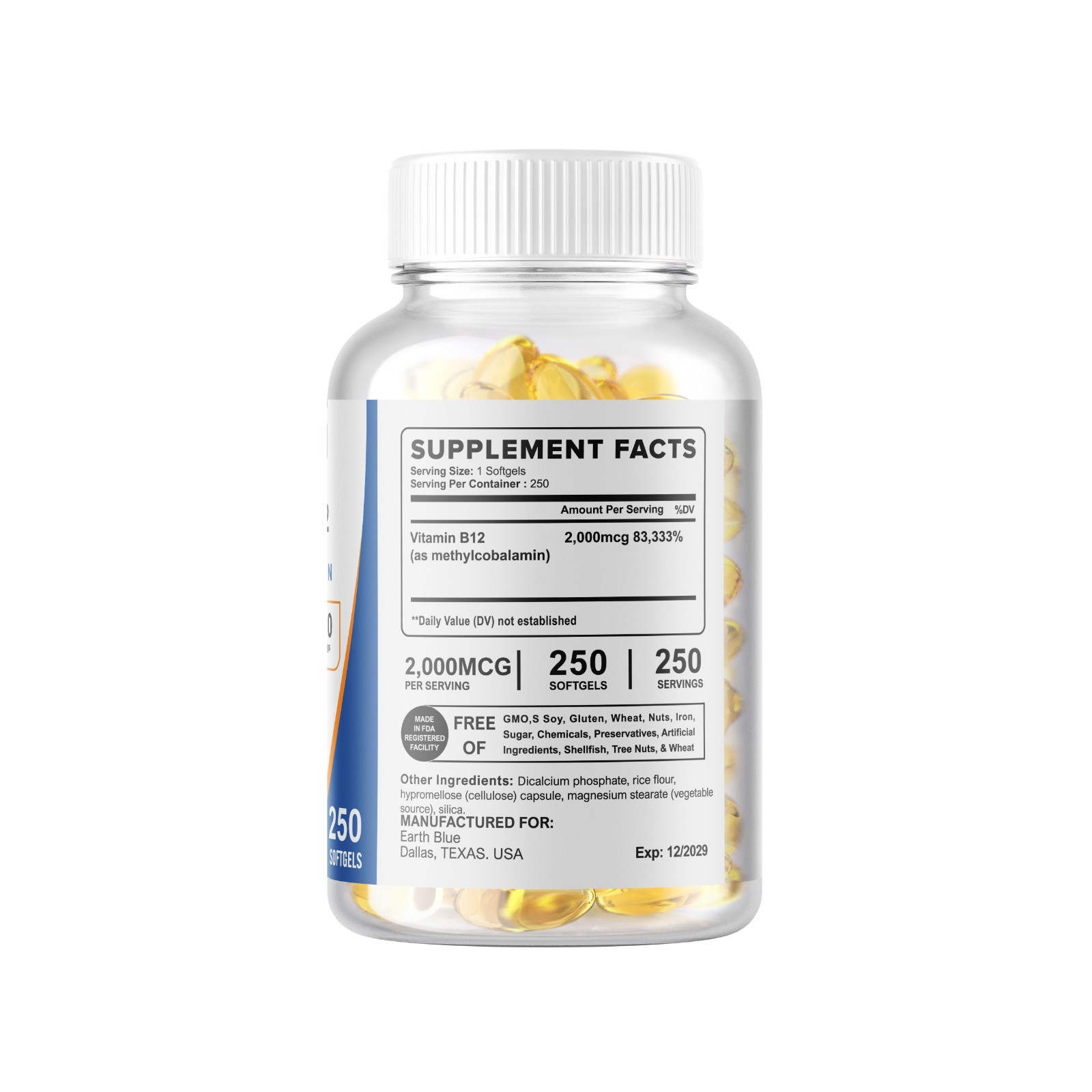 Vitamin B12 (Methylcobalamin) 2000mcg 250 Softge USA NON-GMP Vegetarian
