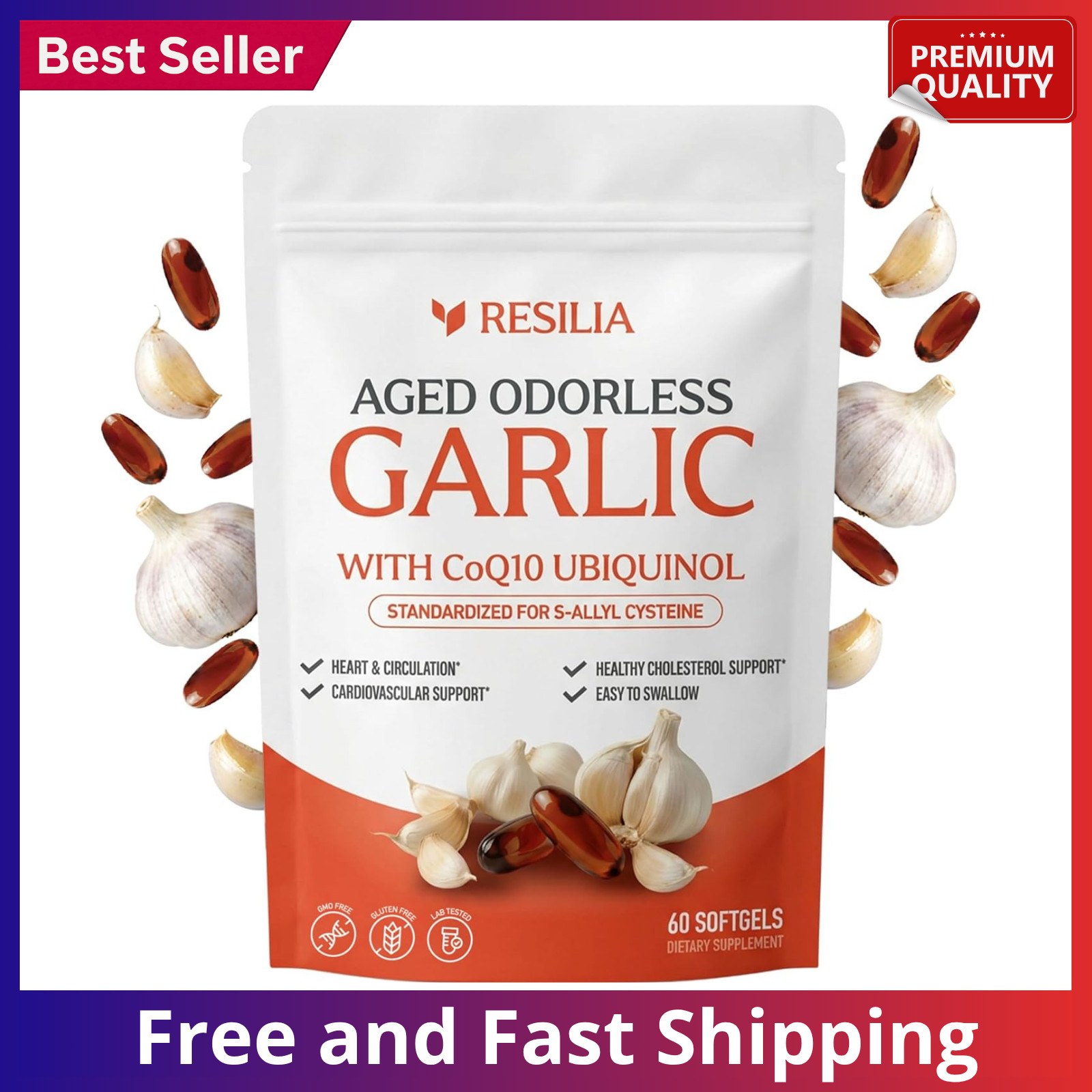 Resilia Garlic Extract 600mg Softgels (60 Count) – Odorless Aged Garlic Extra…