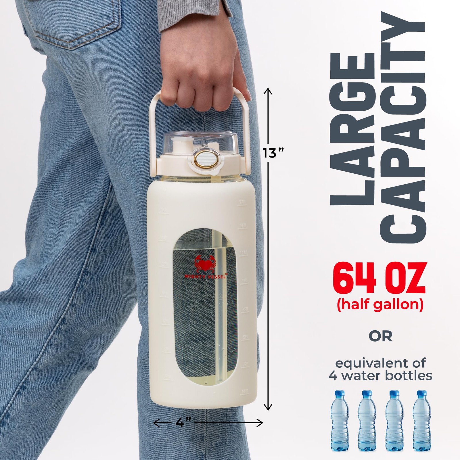 MIGHTY VESSEL 64 Oz Water Bottle with Time Marker & Straw – 64 Ounces, White