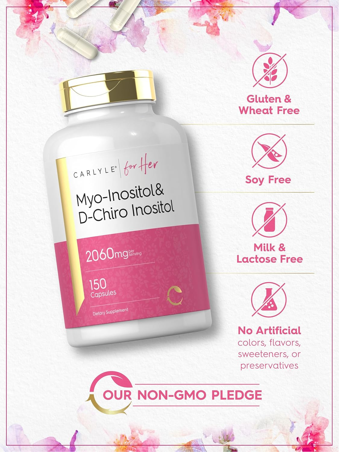 Myo-Inositol and D-Chiro Inositol 2060Mg 150 Capsules Non-Gmo, Gluten Free Suppl
