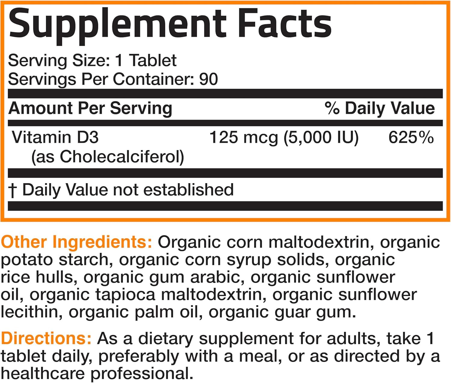 Bronson Vitamin D3 5000 IU Certified Organic Vitamin D Supplement 125mcg Tablets